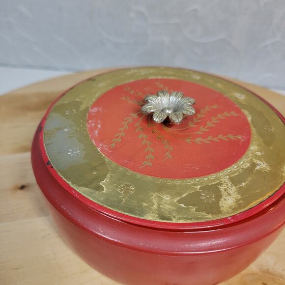 Vintage AVON Persian Wood Beauty Dust Dish 5" Red Gold Floral Lid Puff - Picture 10 of 12